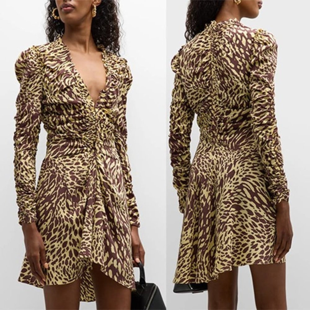 NWT A.L.C. Marcie Silk Long-Sleeve Ruched Fit and Flare Golden Haz Mini Dress